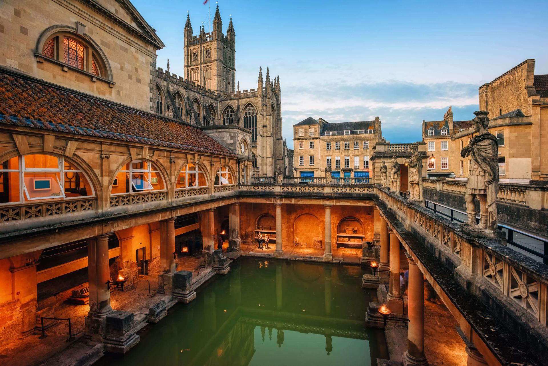 A view of the old roman bathes in it's namesake city, known for it's blissful spa treatments amidst historic buildings.