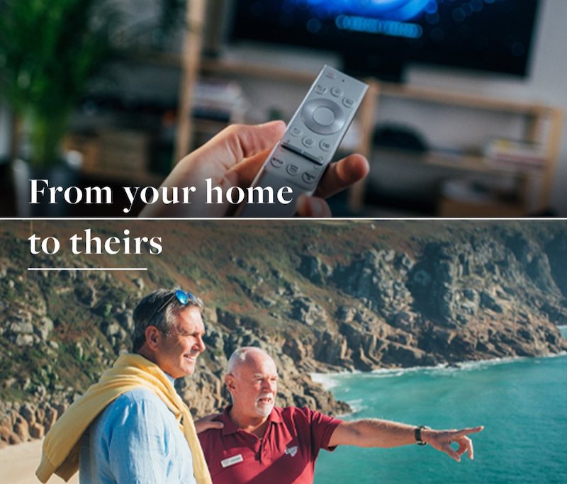 split screen showing a hand holding a television remote above and a tour leader pointing out the Cornish coast with a guest below