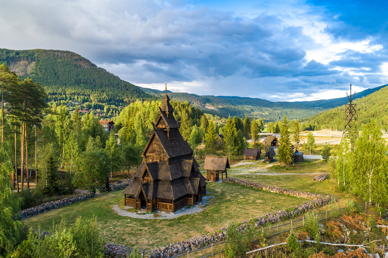 an aerial view of Gol Stave Church within the Norwegian Museum of Cultural History