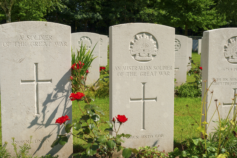 military gravestones for soldiers of the First World War at a Commonwealth cemetery 