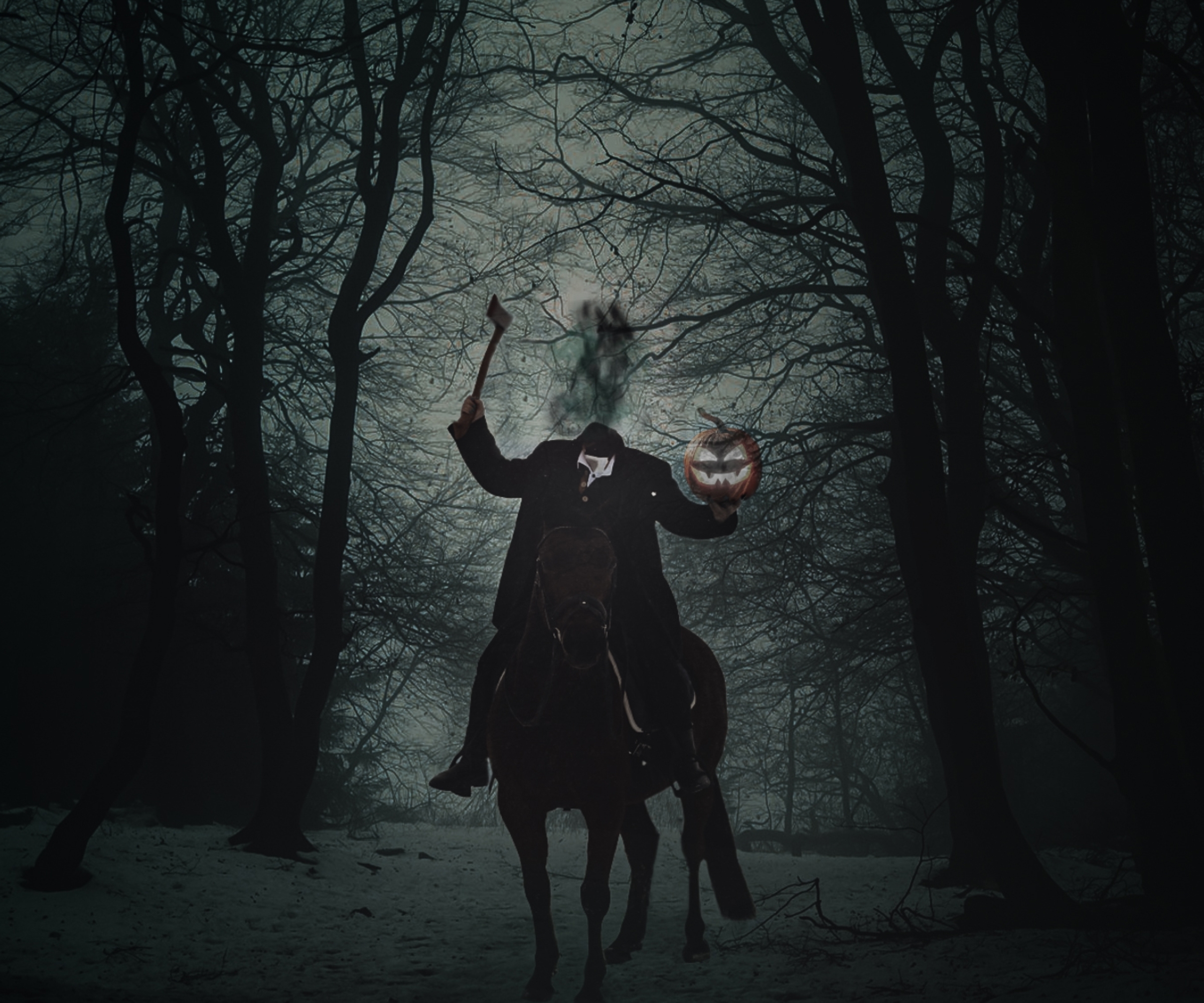 Headless Horseman in black and white illustration