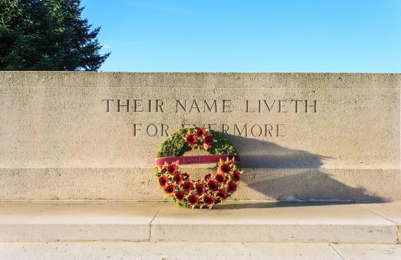 A wreath laid at the Stone of Remembrance at the Tyne war memorial.