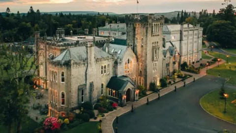 An overhead view of Kilronan Castle, a large 19th century country house that was converted into a spa hotel.