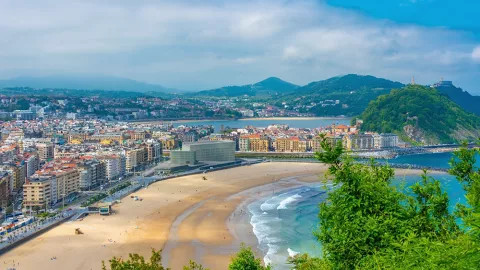 A landscape view of Zurriola beach in San Sebastian.