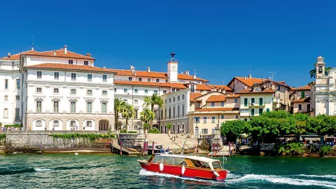 A view of a renaissance era town docks on Lake Maggiore.
