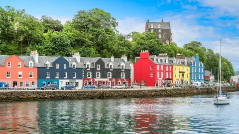 Colourful houses dot the coast of the Isle of Mull.