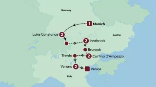 Alpine Escape: Germany, Austria and Italy 2025 tour map.