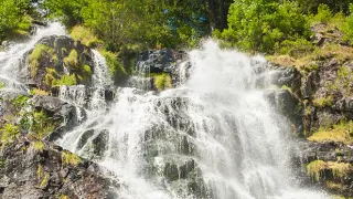 Water courses down a waterfall in the iconic Black Forest in Germany.