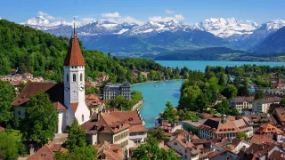 A view of the town of Spiez and Lake Thun in the Oberland region.