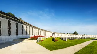 A landscape view of Tyne Cot Cemetery in Belgium, dedicated to Australian soldiers who lost their lives in WW1.