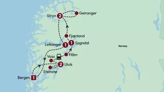 Norway fjords and glaciers tour map.