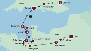 London to Paris via the Channel Islands tour map 2026.