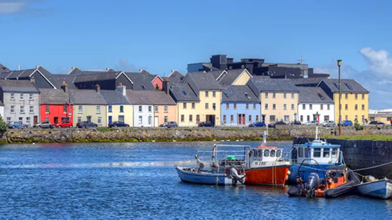 A seaside view of the harbour city of Galway, where the River Corrib meets the Atlantic.