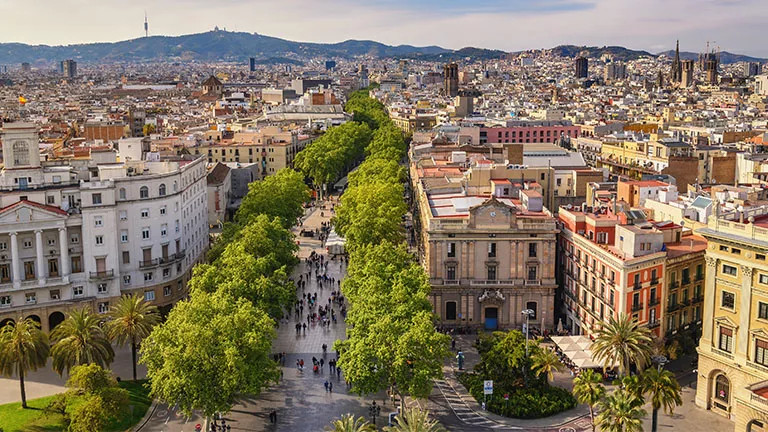 Aerial view of La Rambla in Barcelona, Spain