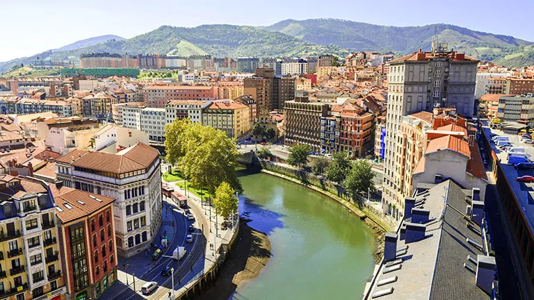 Aerial view of The Nervion River in Bilbao, Spain