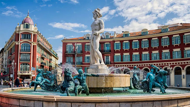 Apollo statue and Fountain of the Sun at the Place Massena square in Nice, France