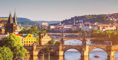 A view of the city of Prague and the Vltava River.