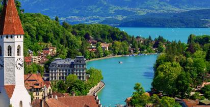 The city of Bern at the foot of the Bernese Oberland.