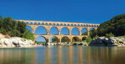 A view of the famous Pont du Gard in Southern France, a famous intact roman ruin of an aqueduct.