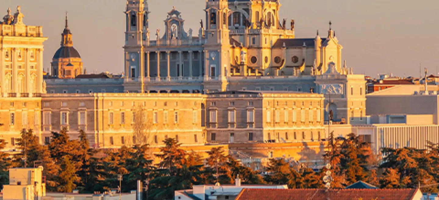 Aerial view of La Almudena Cathedral in Madrid, Spain