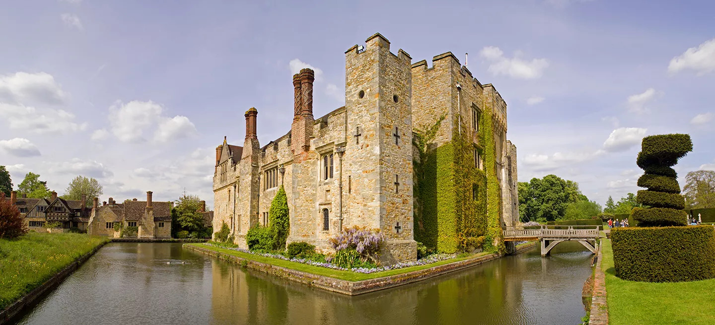 A landscape view of Hever Castle in England.