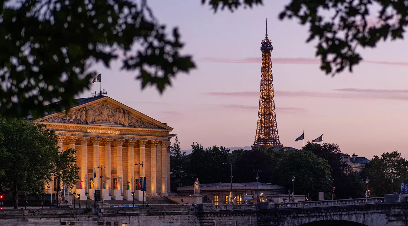 View of the Assemblee Nationale and the Eiffel Tower in Paris, France