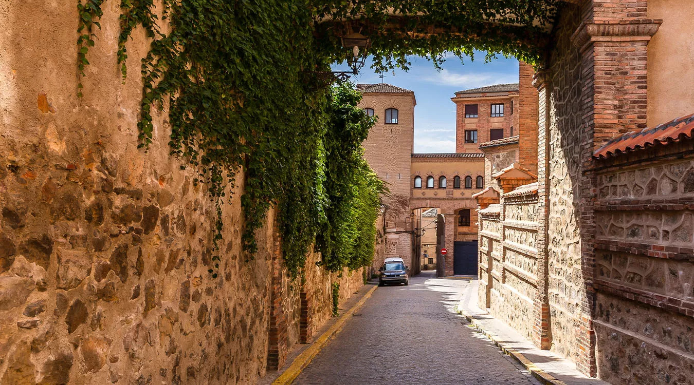 View of a stone alleyway in Barcelona, Spain