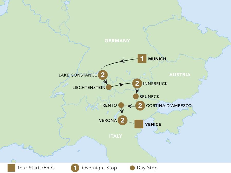 Alpine Escape: Germany, Austria and Italy map.