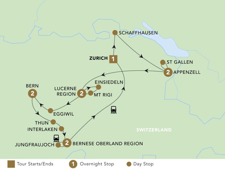 Mountains, Valleys and Lakes of Switzerland tour map 2024