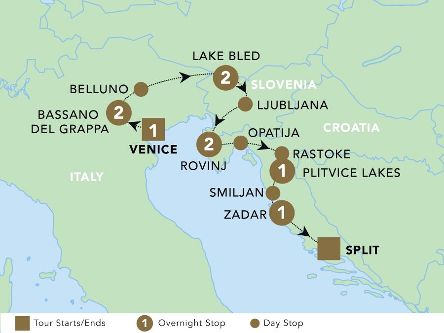 Adriatic Discovery: Northern Italy, Slovenia and Croatia tour map 2024