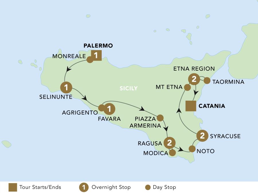 The Splendours of Sicily tour map for 2024.