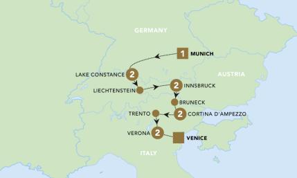 Alpine Escape: Germany, Austria and Italy map tour map 2025.