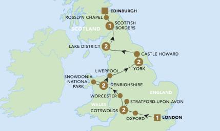Highlights of Britain tour map 2025.