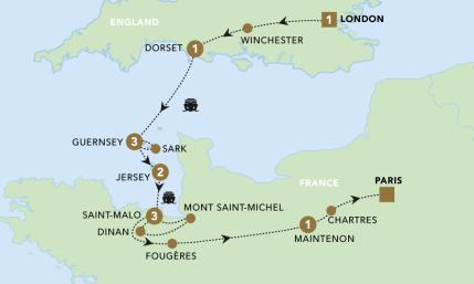 London to Paris via the Channel Islands map.