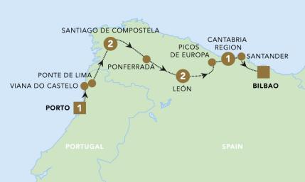 A Taste of the Camino: Porto to Bilbao tour map 2025.