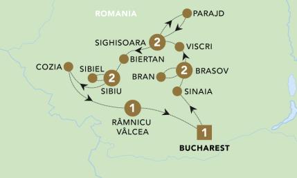 Romania: Mountains to Monasteries 2025 map.