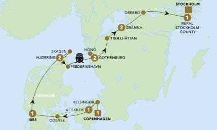 A Scandinavian Journey: Denmark to Sweden tour map.