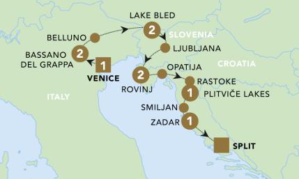 Adriatic Discovery: Northern Italy, Slovenia and Croatia tour map 2024