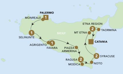 Splendours of Sicily tour map 2025.