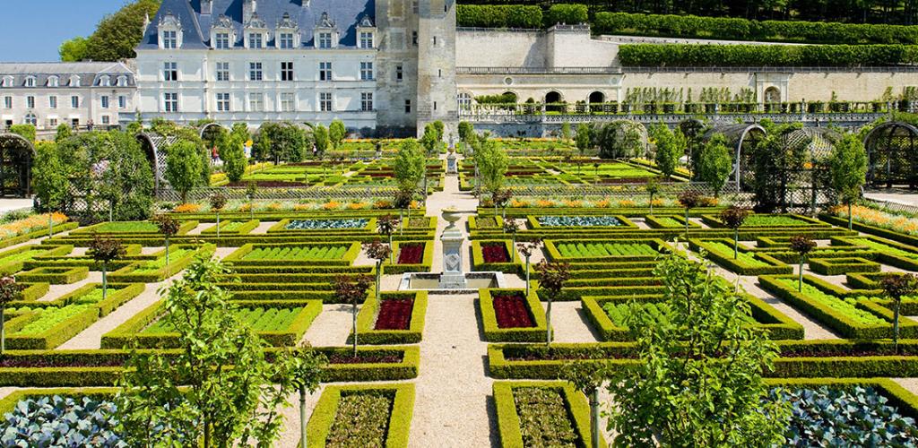 Manicured garden with chateau in background