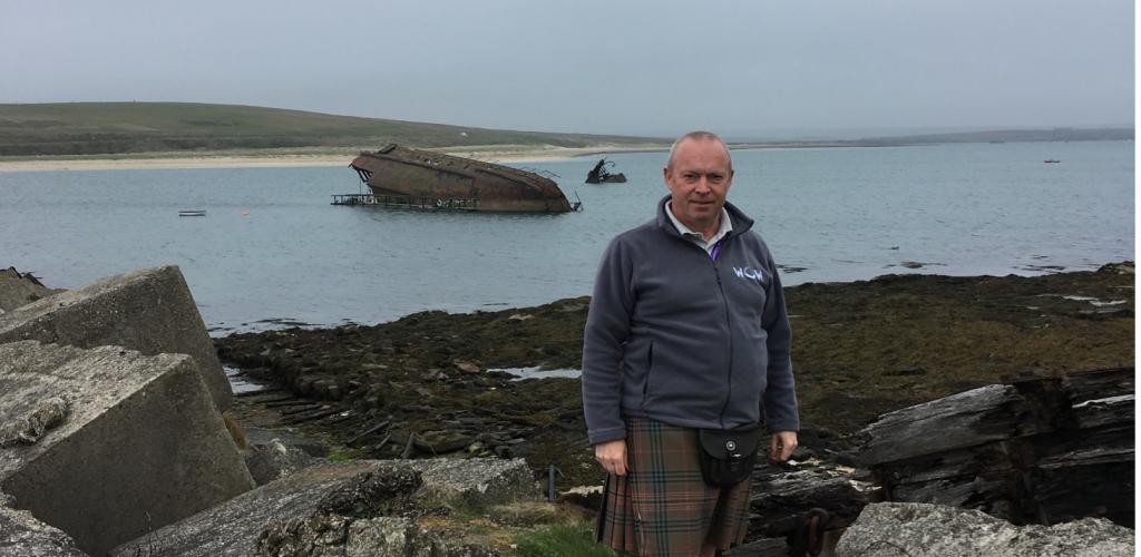 man wearing a kilt and sporran on the Orkney Islands