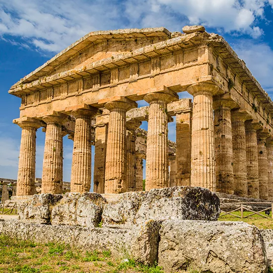 A view of the ruins of the Temple of Athena in Paestrum.