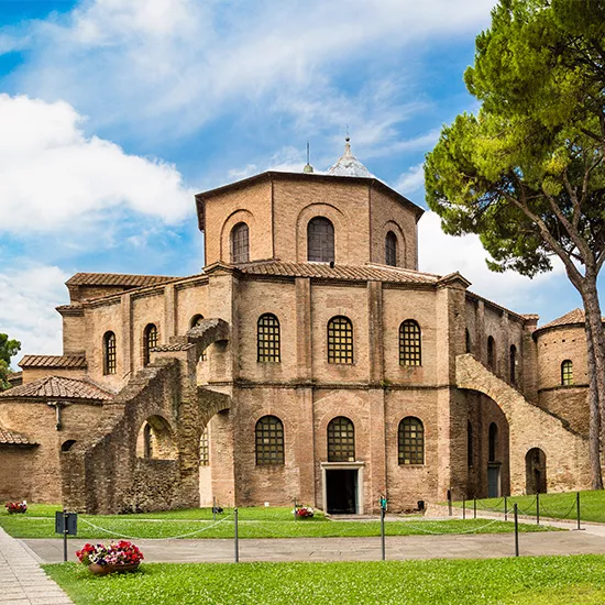 A view of the church while walking through Ravenna Square.