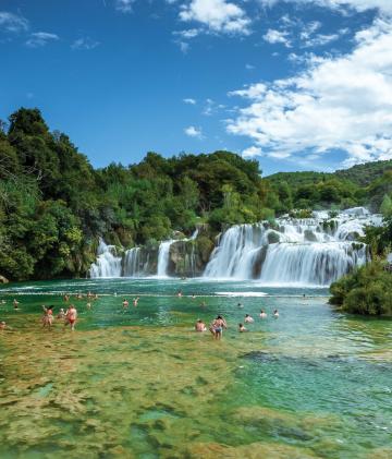 A natural waterfall flows into a green river in a forest.