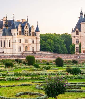 A view of the Château de Chenonceau and it's famous gardens, located in the Champagne region of France.